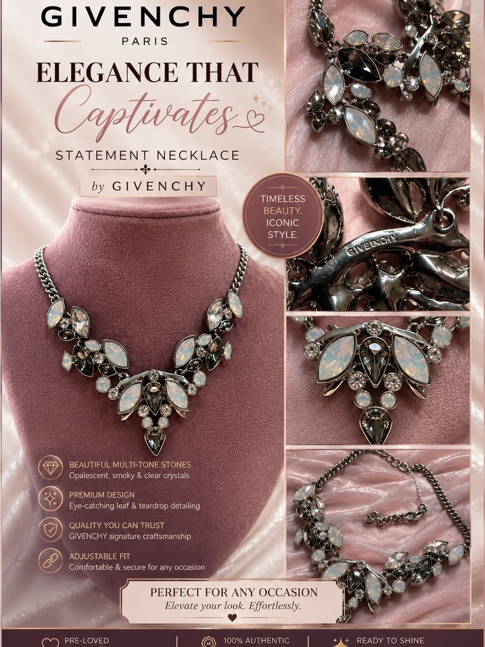 Givenchy Opalescent and Smoky Crystal Leaf Necklace